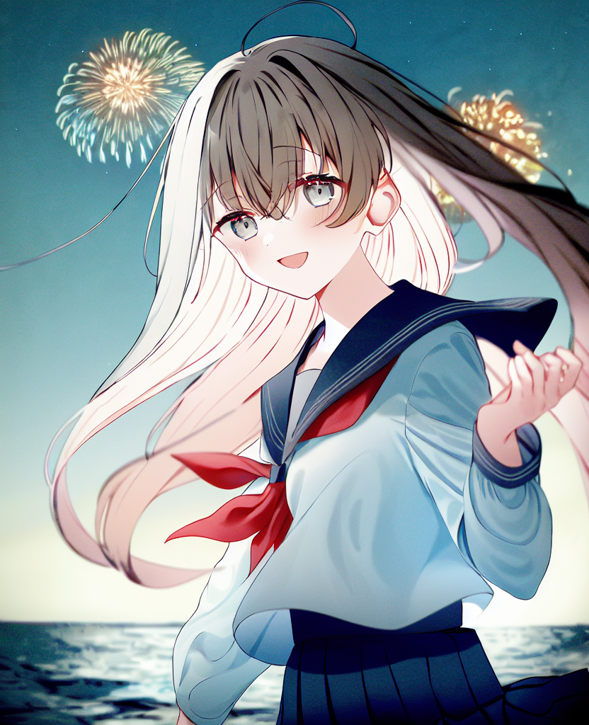 01788-706994705-1girl, fireworks, solo, school uniform, skirt, long hair, serafuku, brown hair, looking at viewer, pleated skirt, outdoors, sail.png